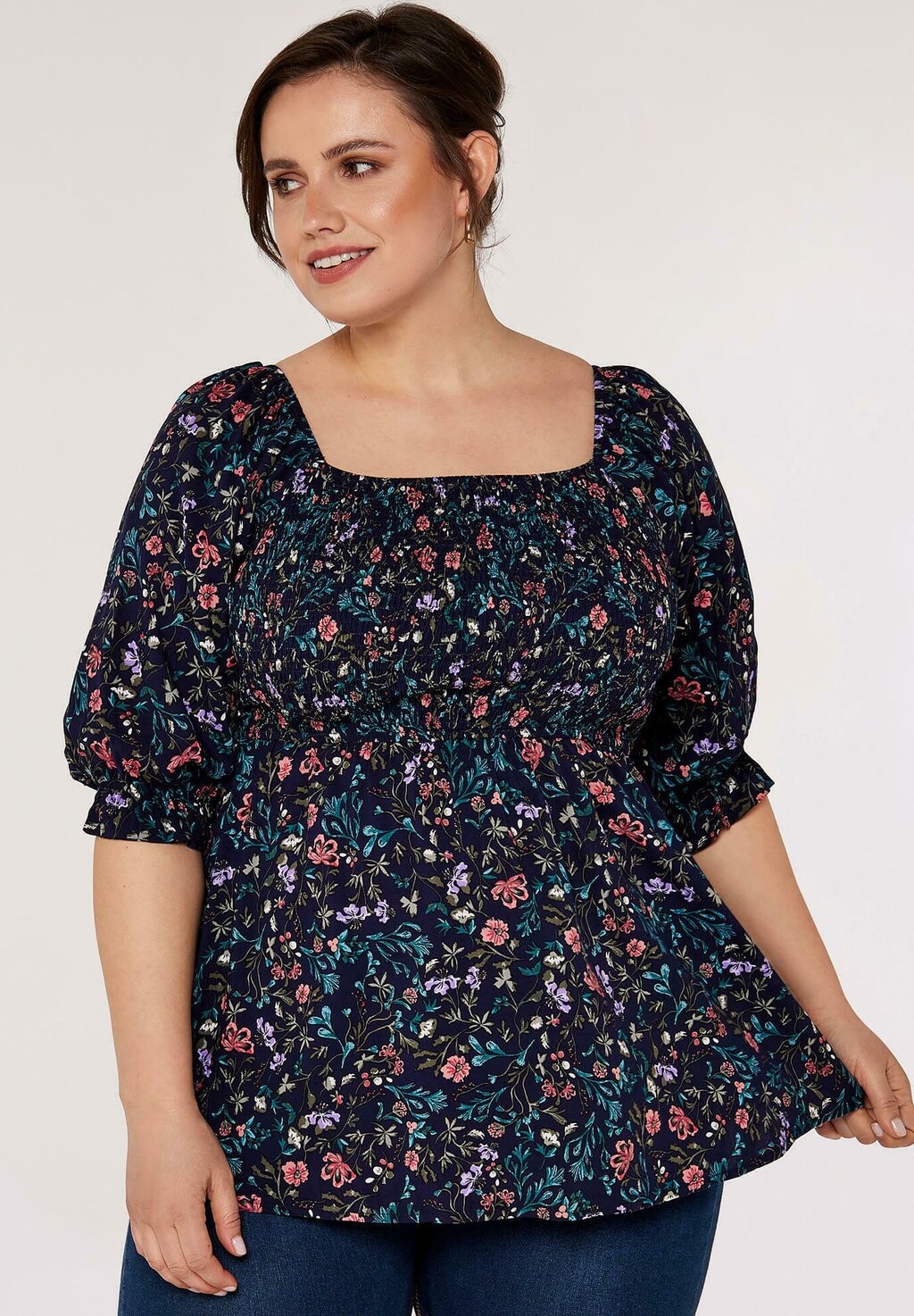 

Блузка Curve Floral Milkmaid Apricot, цвет navy