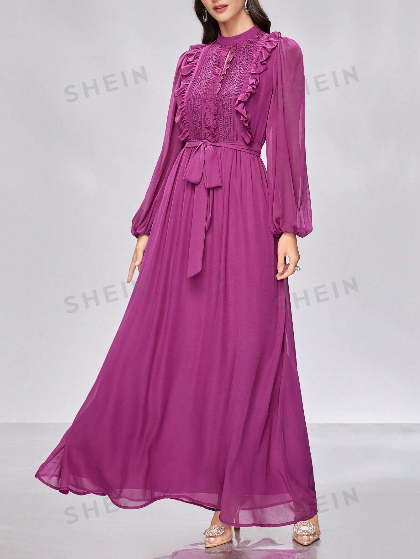 SHEIN Modely однотонное платье с рукавами-фонариками, фиолетовый