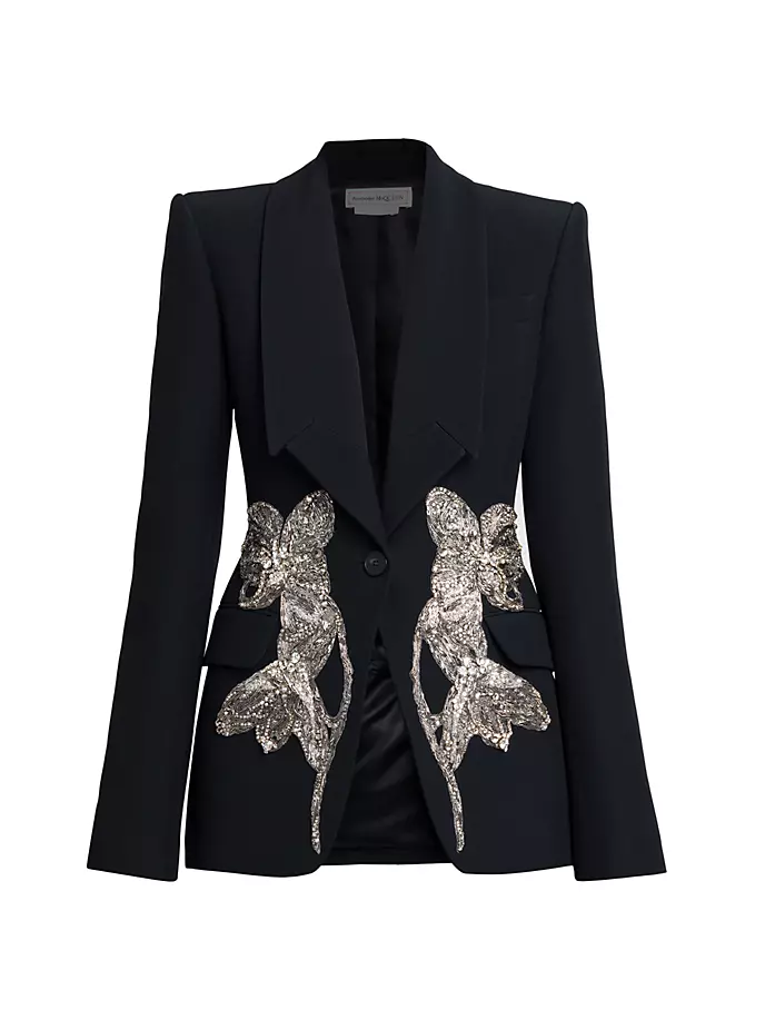 

Однобортный блейзер, украшенный бусинами Alexander Mcqueen, черный