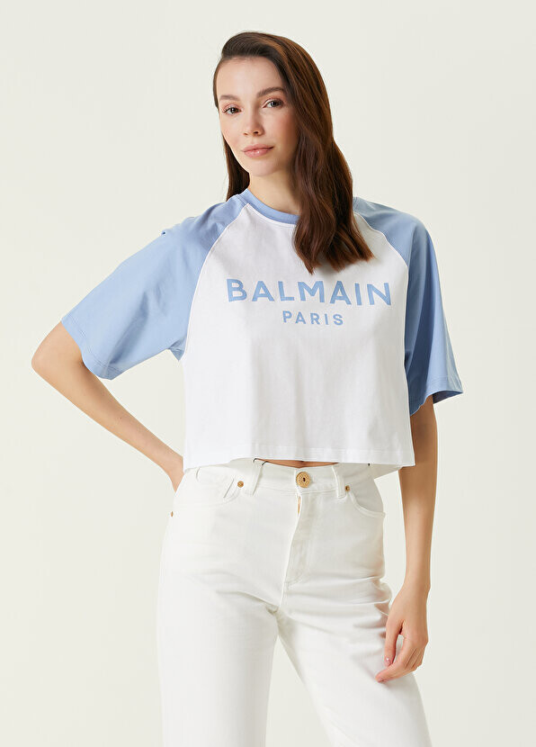 

Сине-белая футболка с логотипом Balmain, Белый
