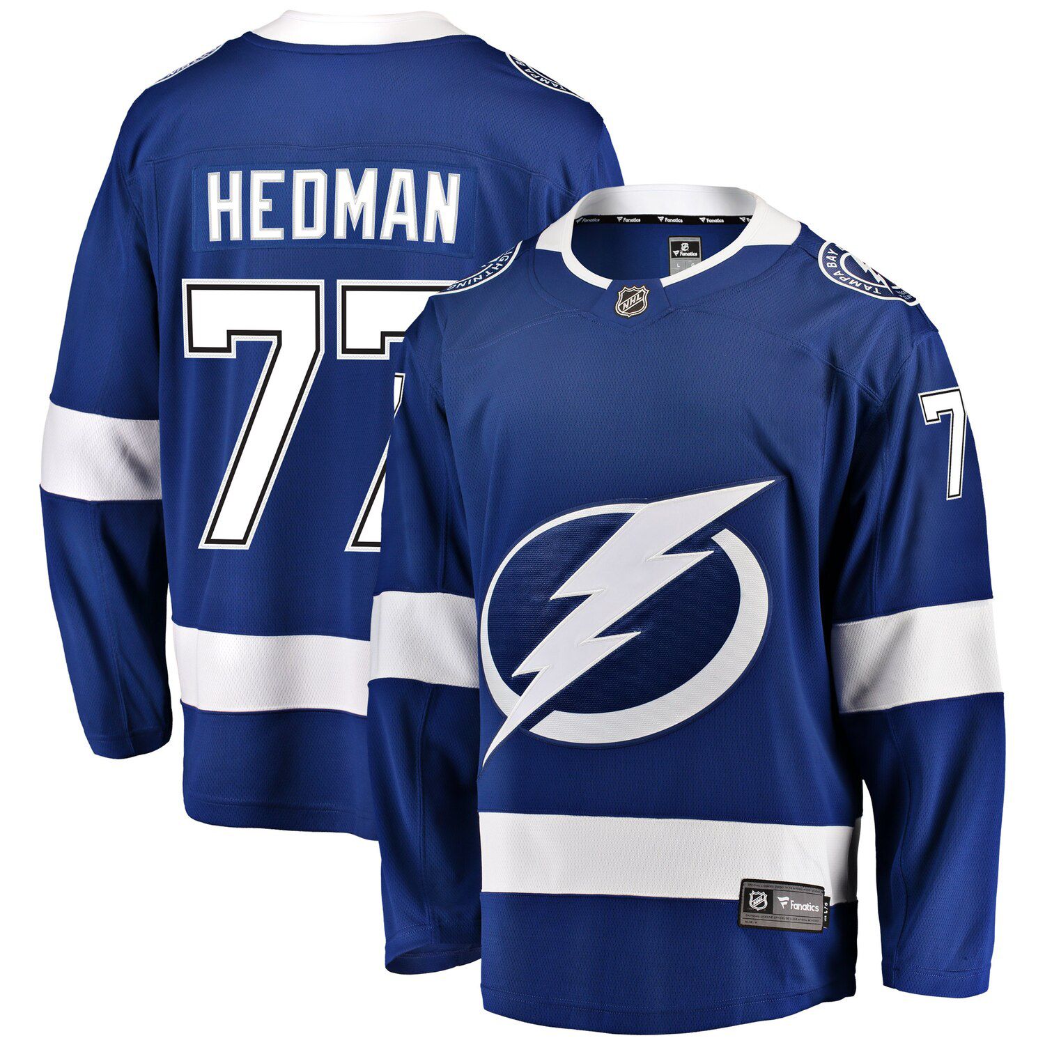цена Мужская фирменная синяя футболка игрока Victor Hedman Tampa Bay Lightning Home Premier Breakaway Player Fanatics