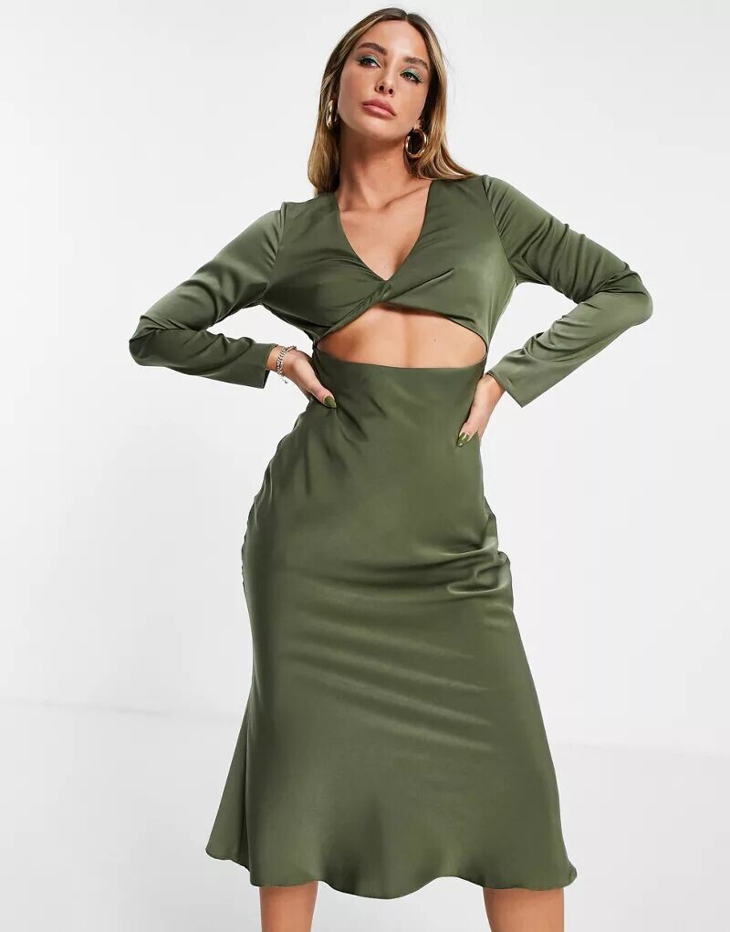

Атласное платье миди косого кроя с перекрученным передом ASOS цвета хаки