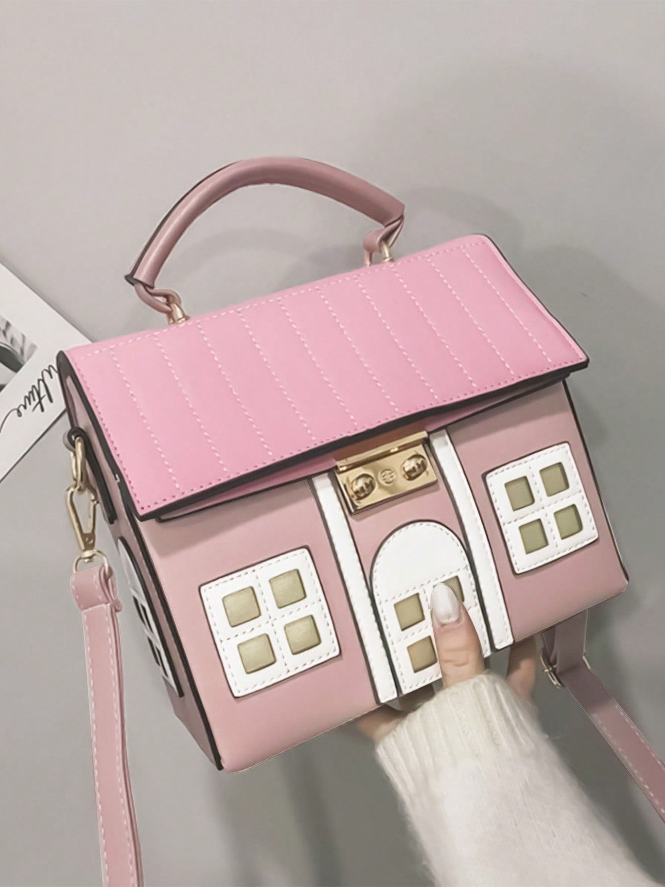 Симпатичная розово-белая дизайнерская сумочка/сумка на плечо в форме домика, розовый