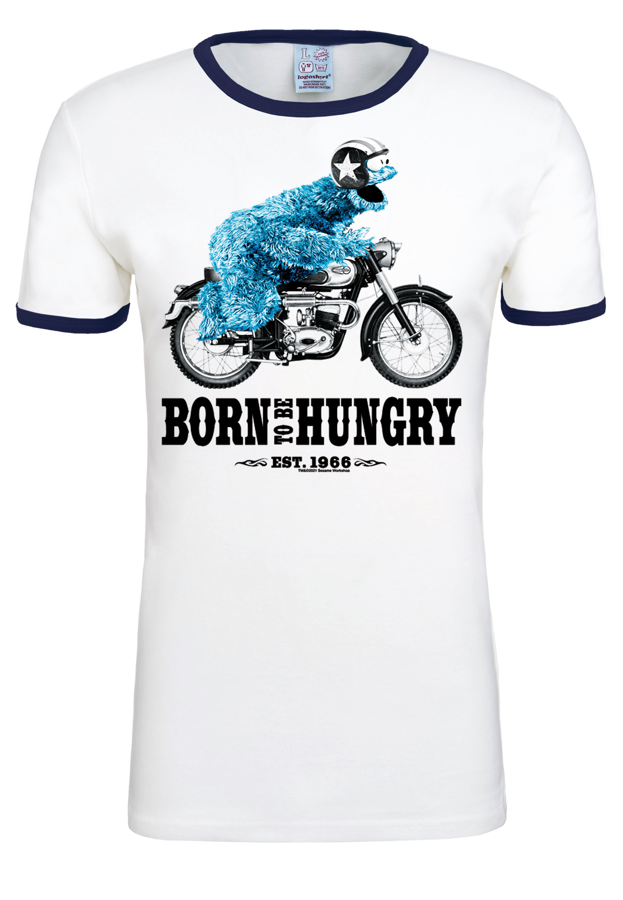 Футболка Logoshirt s Sesamstraße – Krümelmonster Motorrad, цвет weiss-dunkelblau