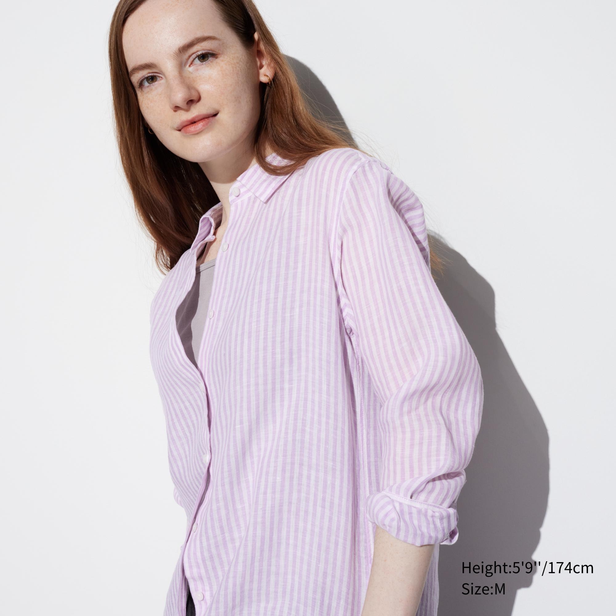 Рубашка UNIQLO льняная премиум-класса с длинным рукавом в полоску, фиолетовый
