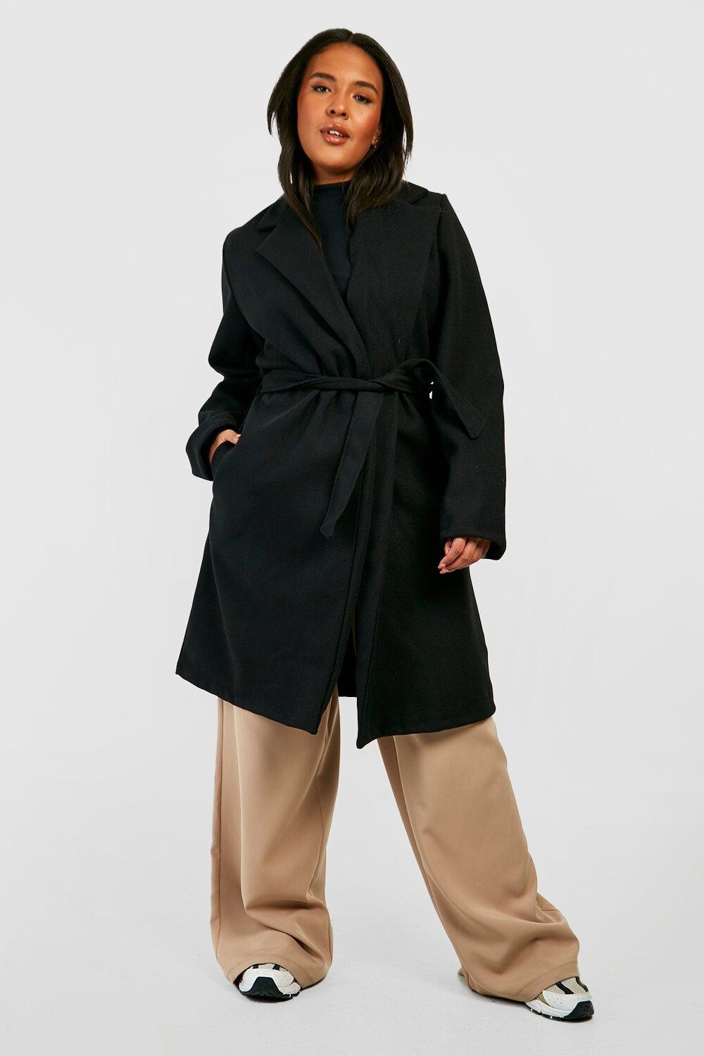

Шерстяное пальто Plus с поясом boohoo, черный