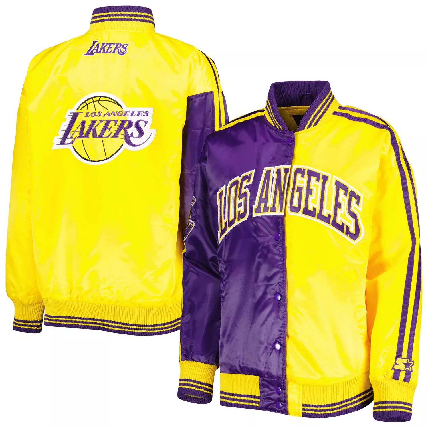 цена Женская стартовая атласная университетская куртка с длинными кнопками фиолетового/золотого цвета Los Angeles Lakers с разрезом и цветными блоками Starter