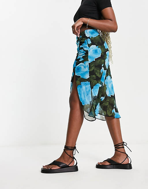 

Синяя шифоновая юбка миди со сборками по бокам Miss Selfridge