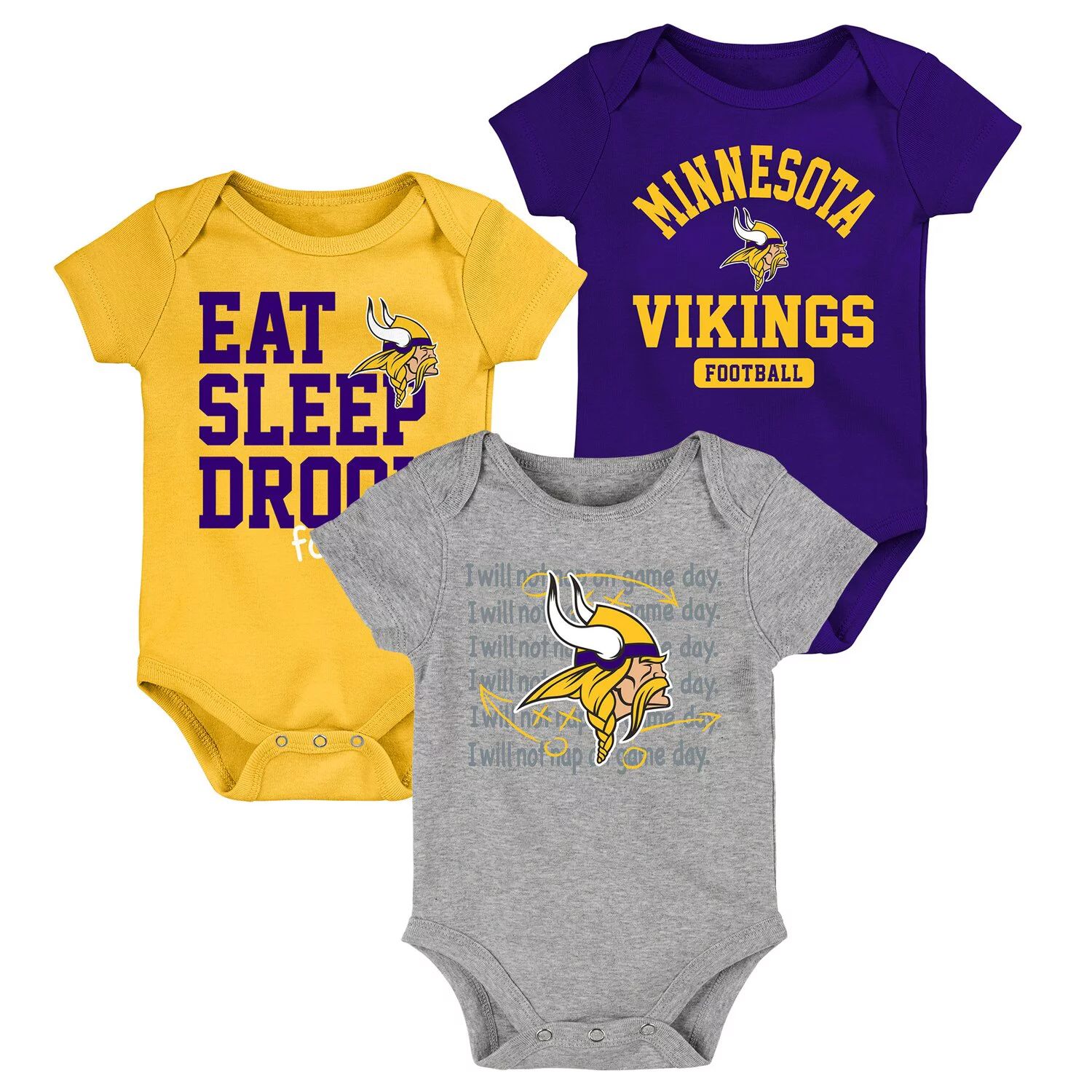 Комплект боди для новорожденных и младенцев фиолетового/желтого цвета Minnesota Vikings Eat, Sleep, Drool Football, состоящий из трех частей Outerstuff