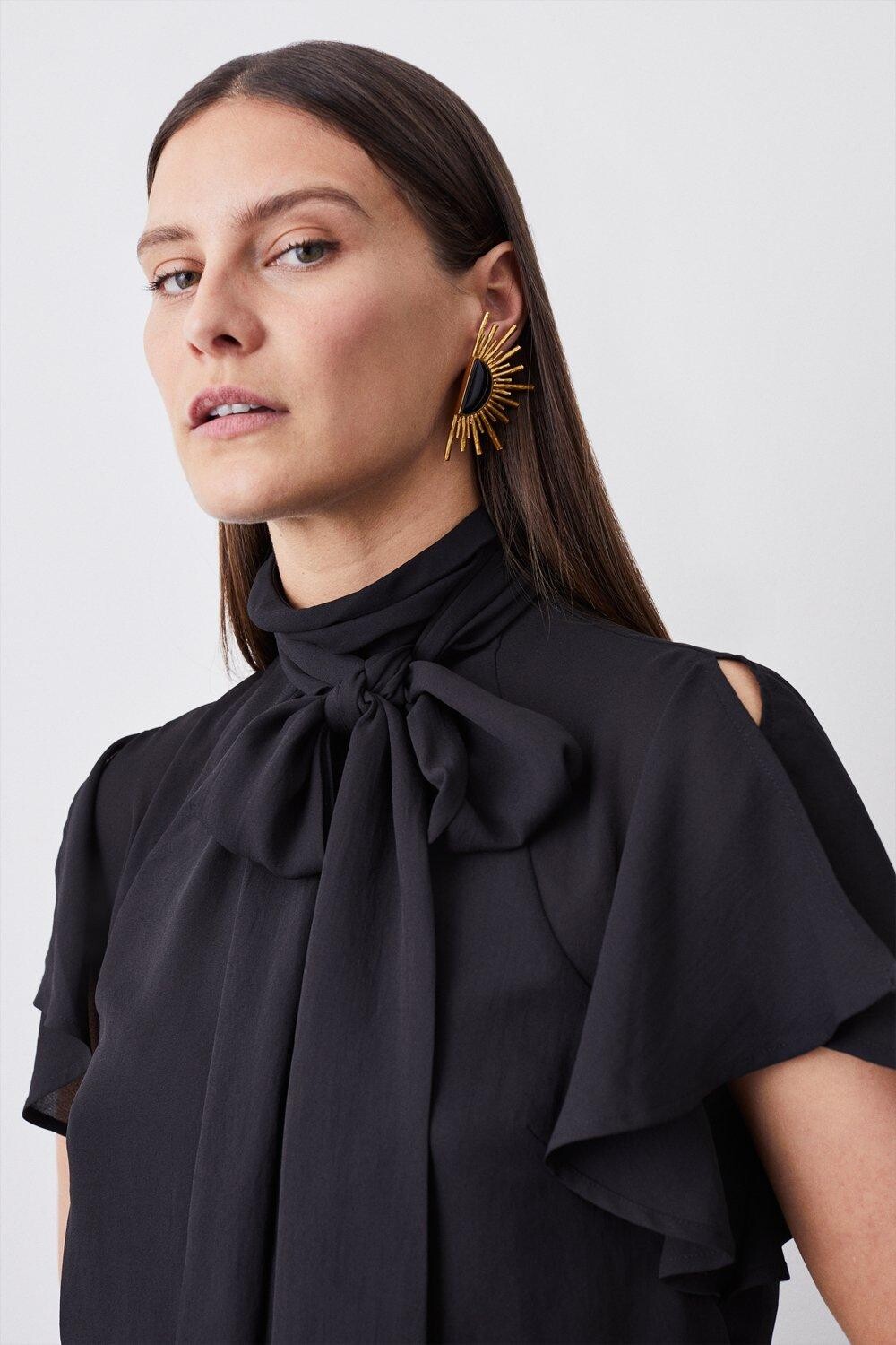 

Тканая блузка с завязками и воротником Georgette Karen Millen, черный