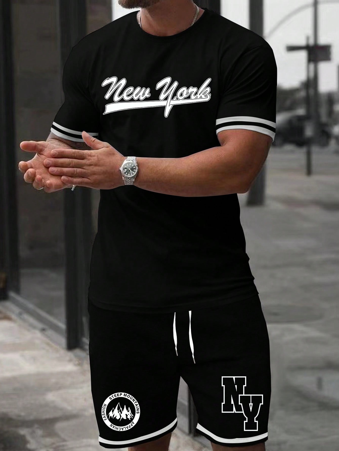 Мужской комбинированный комплект из футболки и шорт с короткими рукавами Manfinity Sporsity с буквенным принтом, черный цена и фото