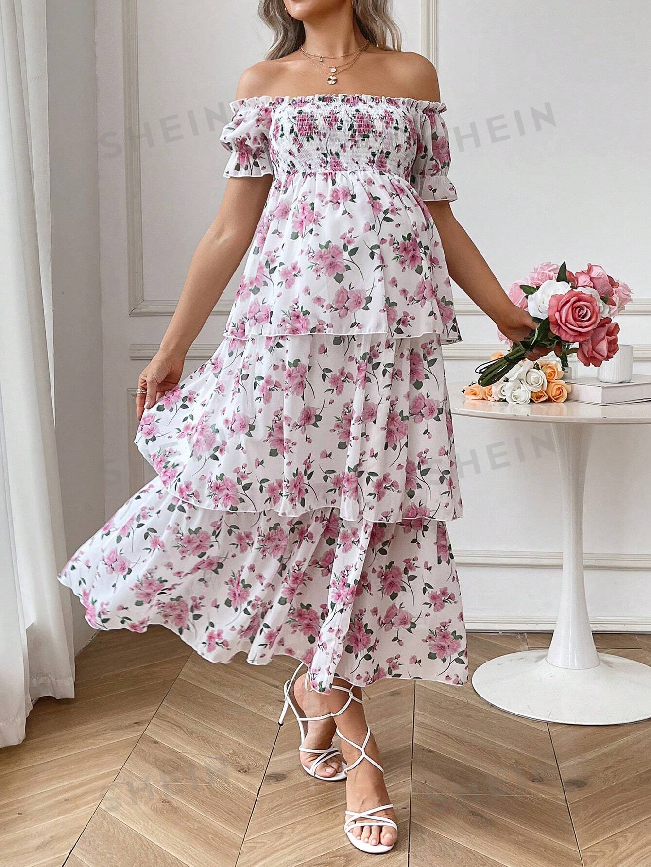 SHEIN Платье макси с открытыми плечами и цветочным принтом для беременных, многоцветный