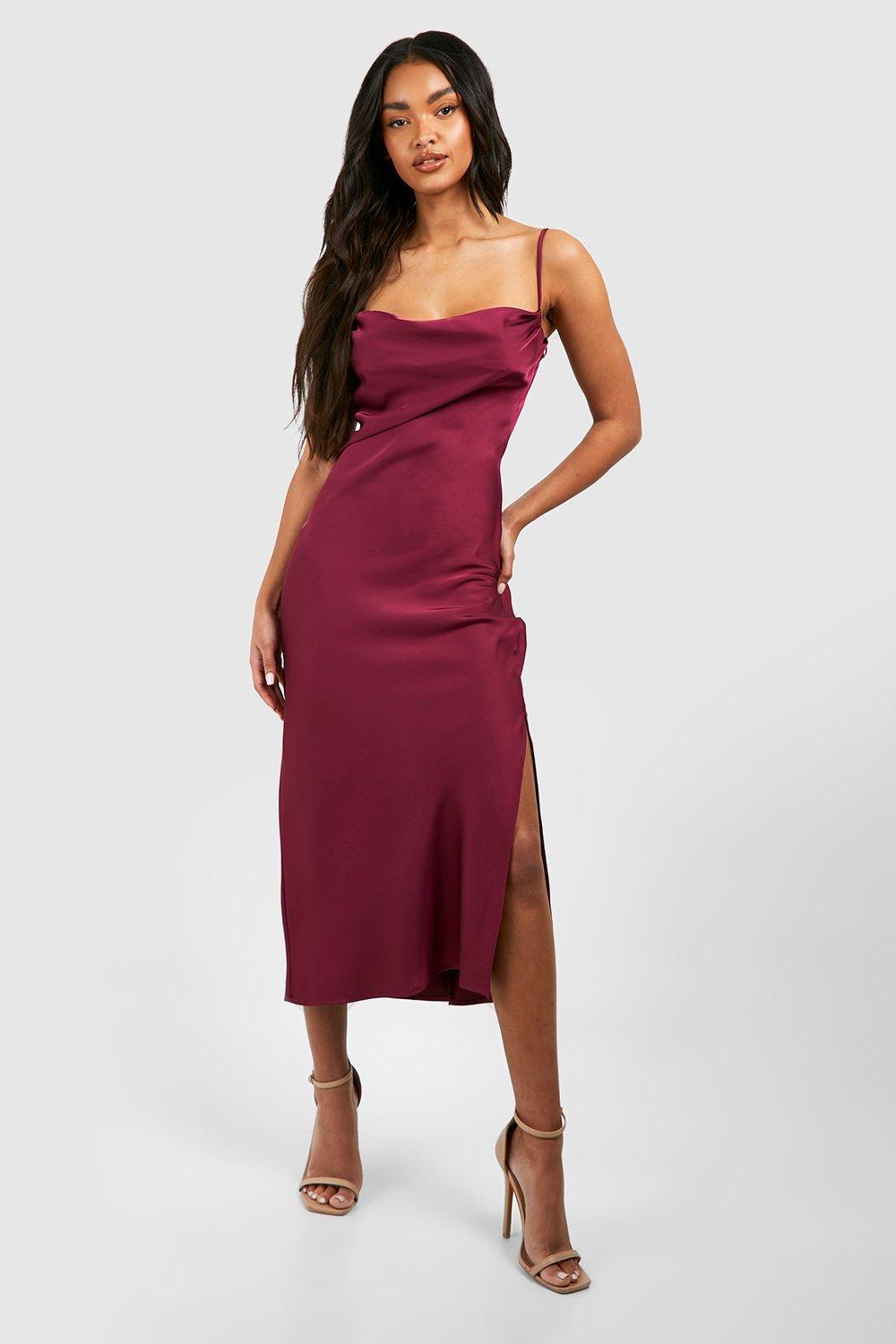 Атласное платье-комбинация миди с воротником-хомутом boohoo, красный цена и фото