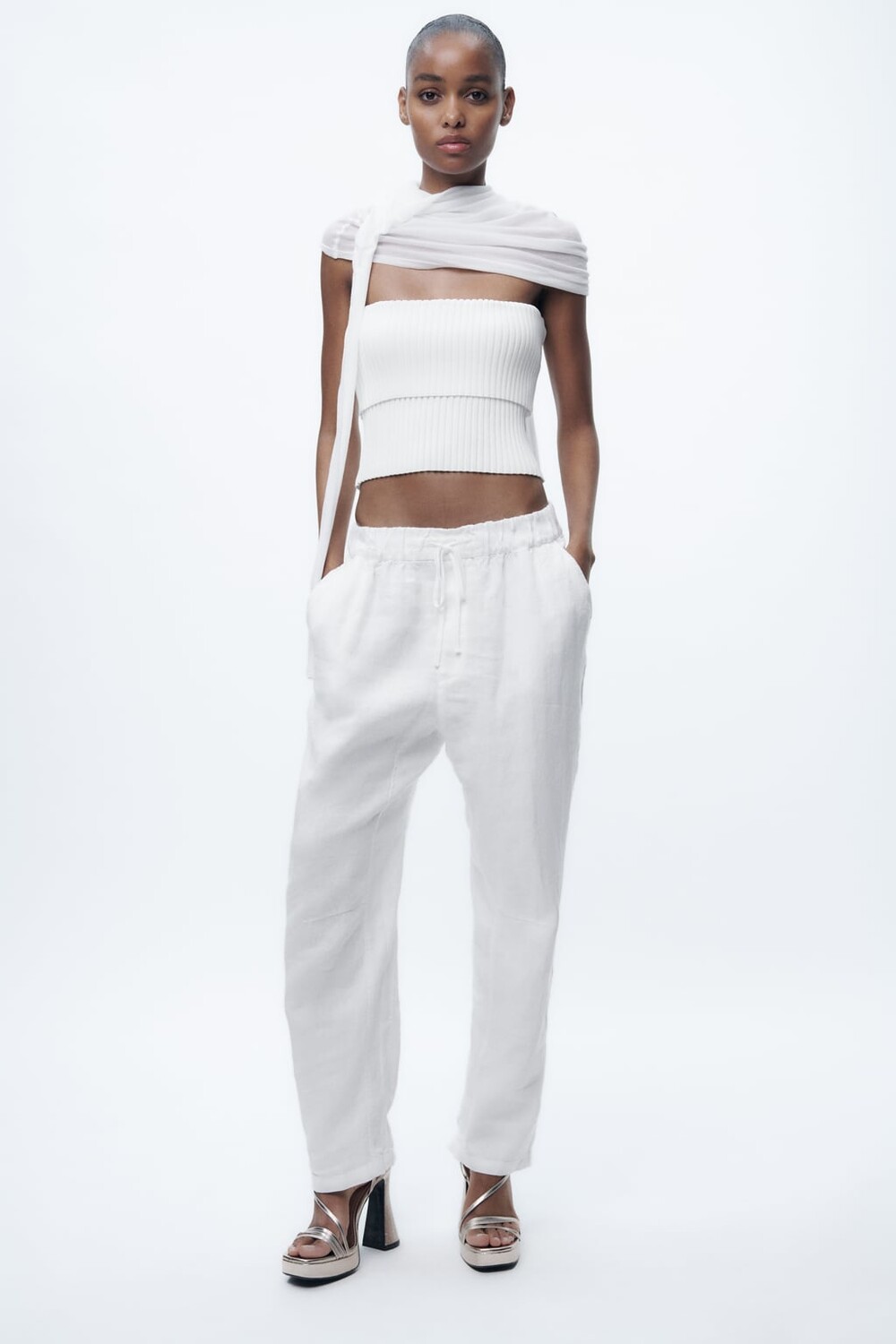 

Льняные брюки в пижамном стиле ZARA, белый