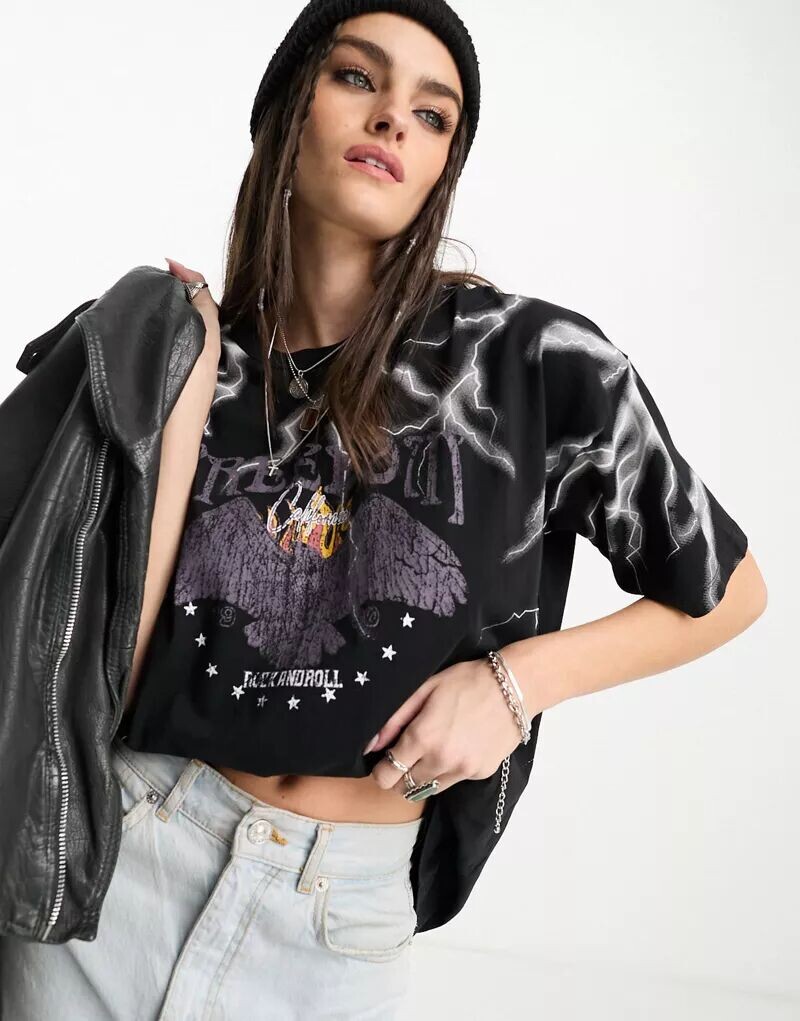 

Черная футболка оверсайз с принтом молний и скал ASOS