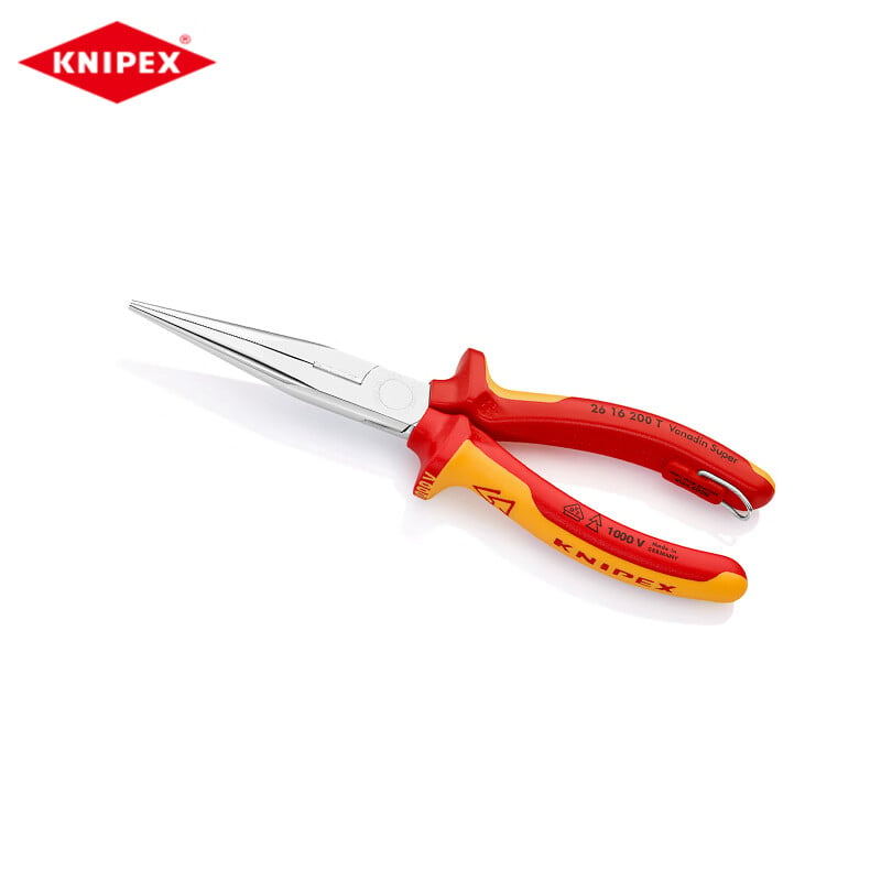 Острогубцы KNIPEX с ножницами, 200 мм, изолированные, хромированные, с кольцом против падения. Плоскогубцы с крановым наконечником. Иглогубцы с длинными концами 26 16 200 T.