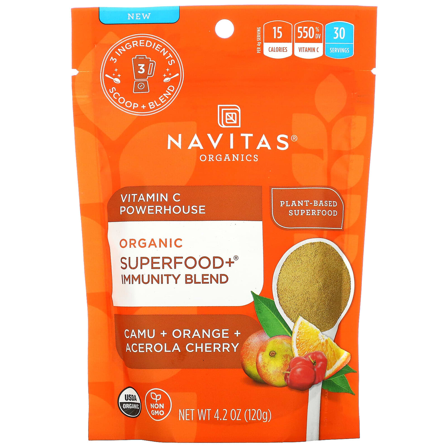 

Organic Superfood + Immunity Blend, витамин C Powerhouse, каму, апельсин и ацерола, 120 г (4,2 унции), Navitas Organics