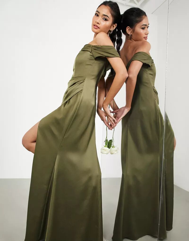 Оливковое атласное платье макси с драпировкой и запахом ASOS Bridesmaid Bridesmaid
