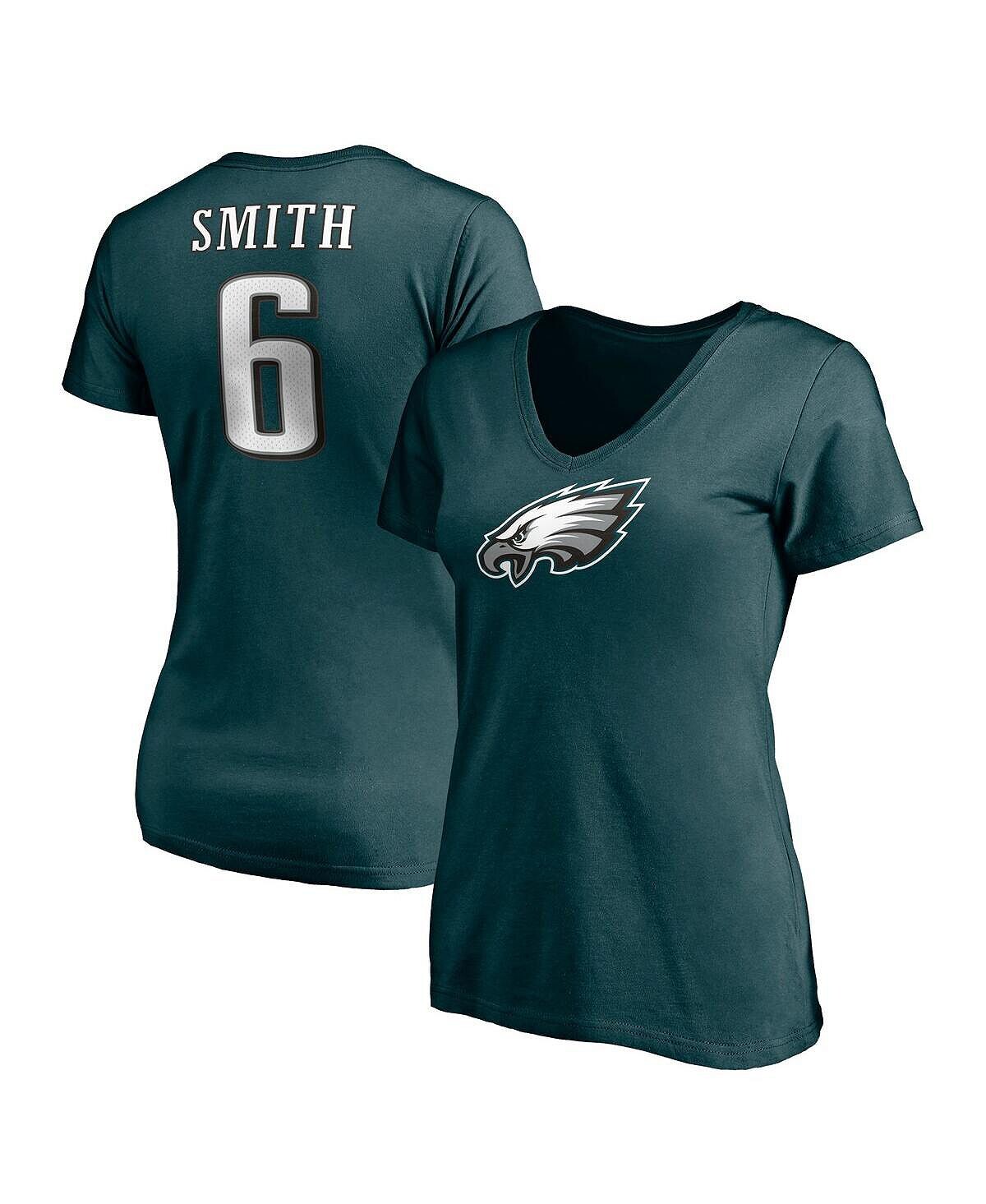 

Женская футболка с v-образным вырезом и логотипом DeVonta Smith Midnight Green Philadelphia Eagles, значок игрока, имя и номер Fanatics, зеленый