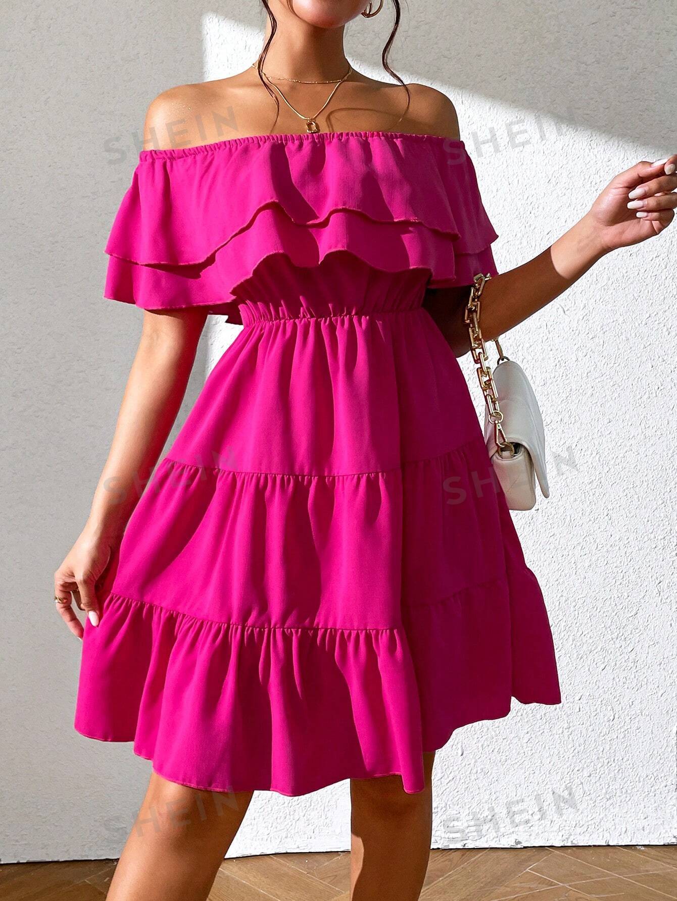 SHEIN Privé женское однотонное платье на одно плечо с оборками и подолом, ярко-розовый женский комбинезон с оборками adogirl вечерние комбинезоны с открытыми плечами и оборками уличная одежда