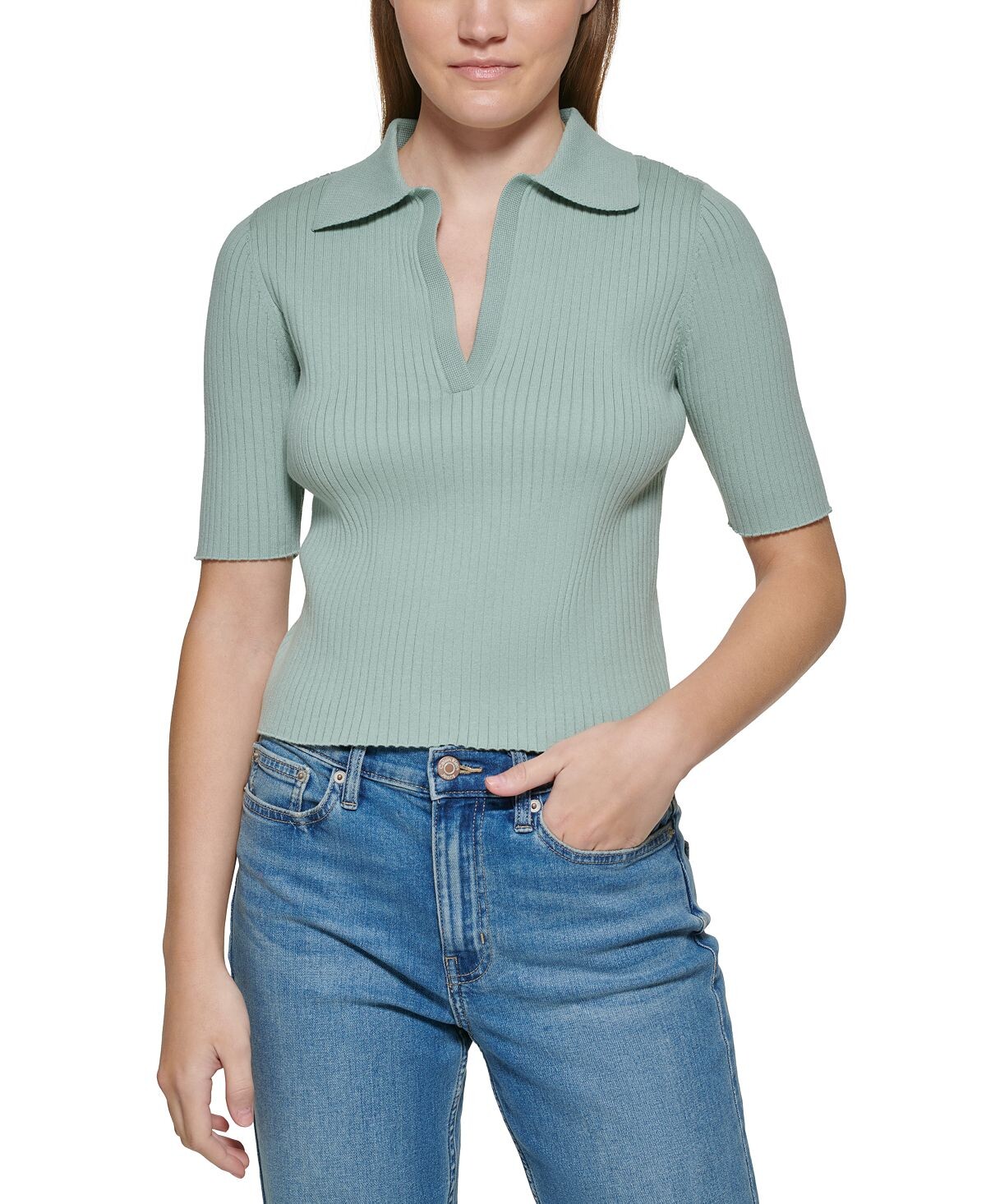 

Женская хлопковая футболка-поло в рубчик Calvin Klein Jeans