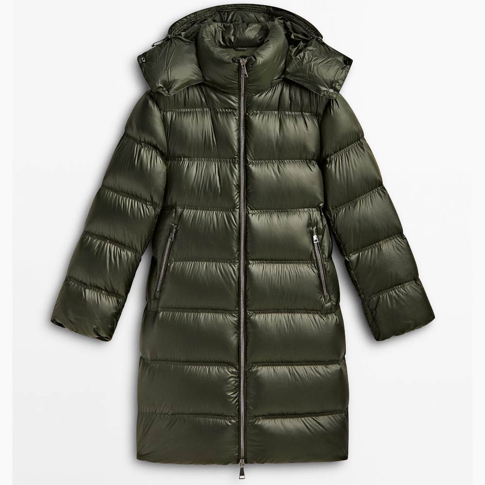Пуховик Massimo Dutti Long with Down and Feather Filling and Contrast Hood, зеленый пуховик massimo dutti hooded down and feather шоколадный