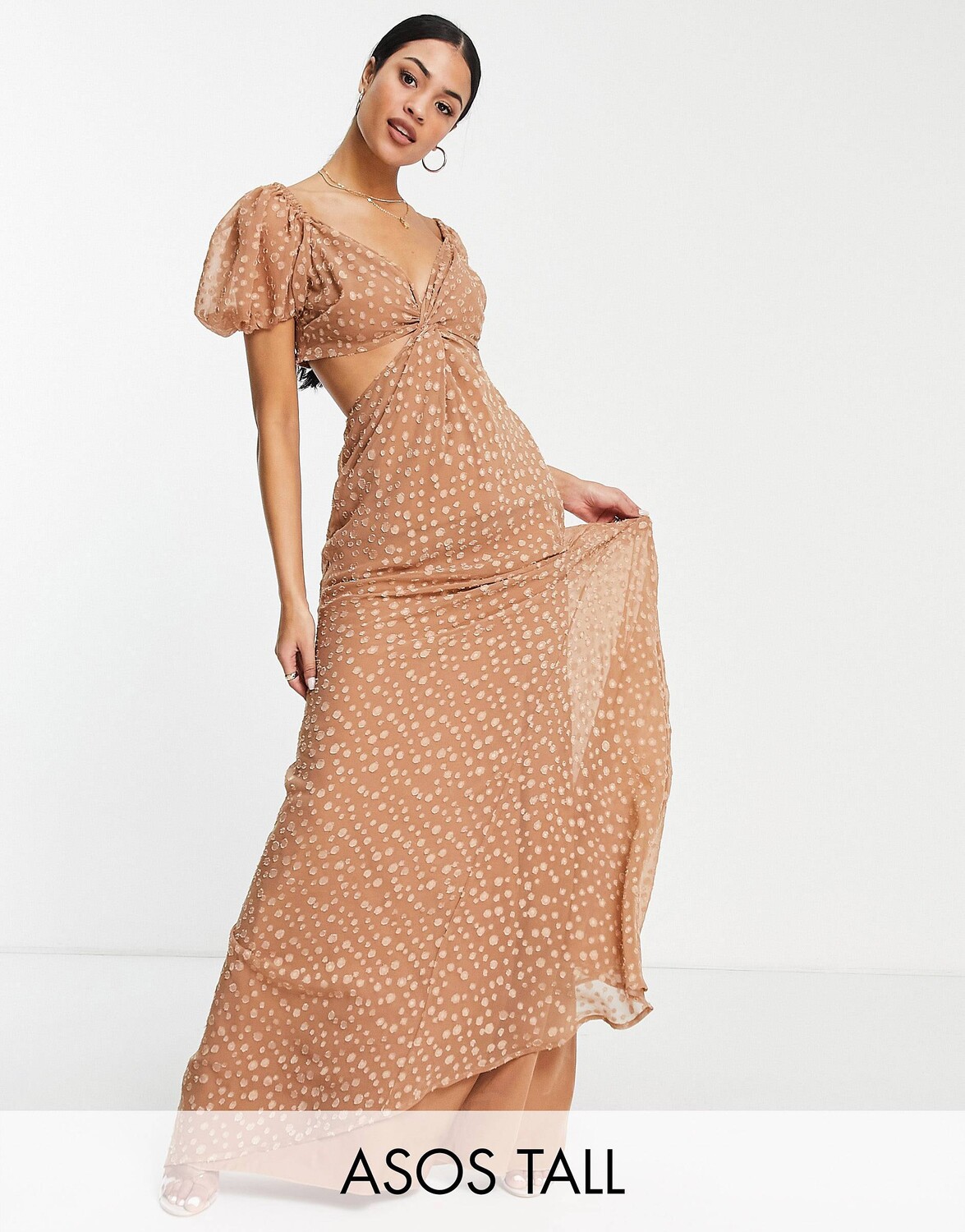 

Серо-коричневое атласное платье в горошек ASOS DESIGN Tall Tall