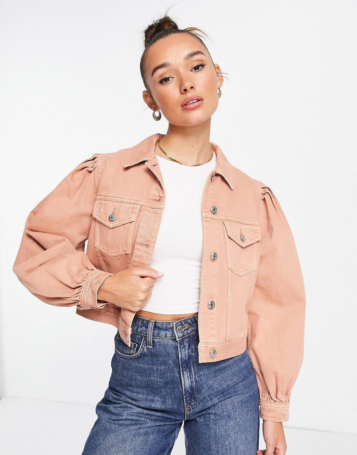 

Абрикосовая джинсовая куртка с пышными рукавами Topshop