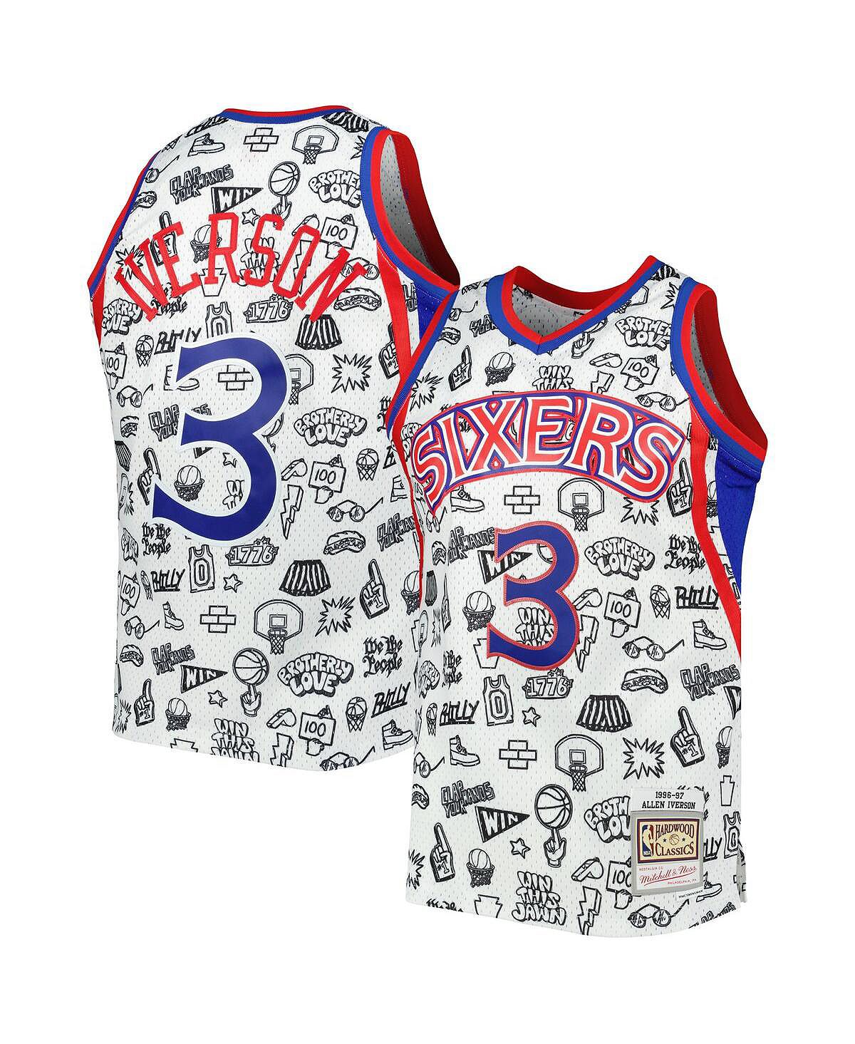 Мужская футболка allen iverson white philadelphia 76ers 1996-97 hardwood classics doodle swingman jersey Mitchell & Ness, белый