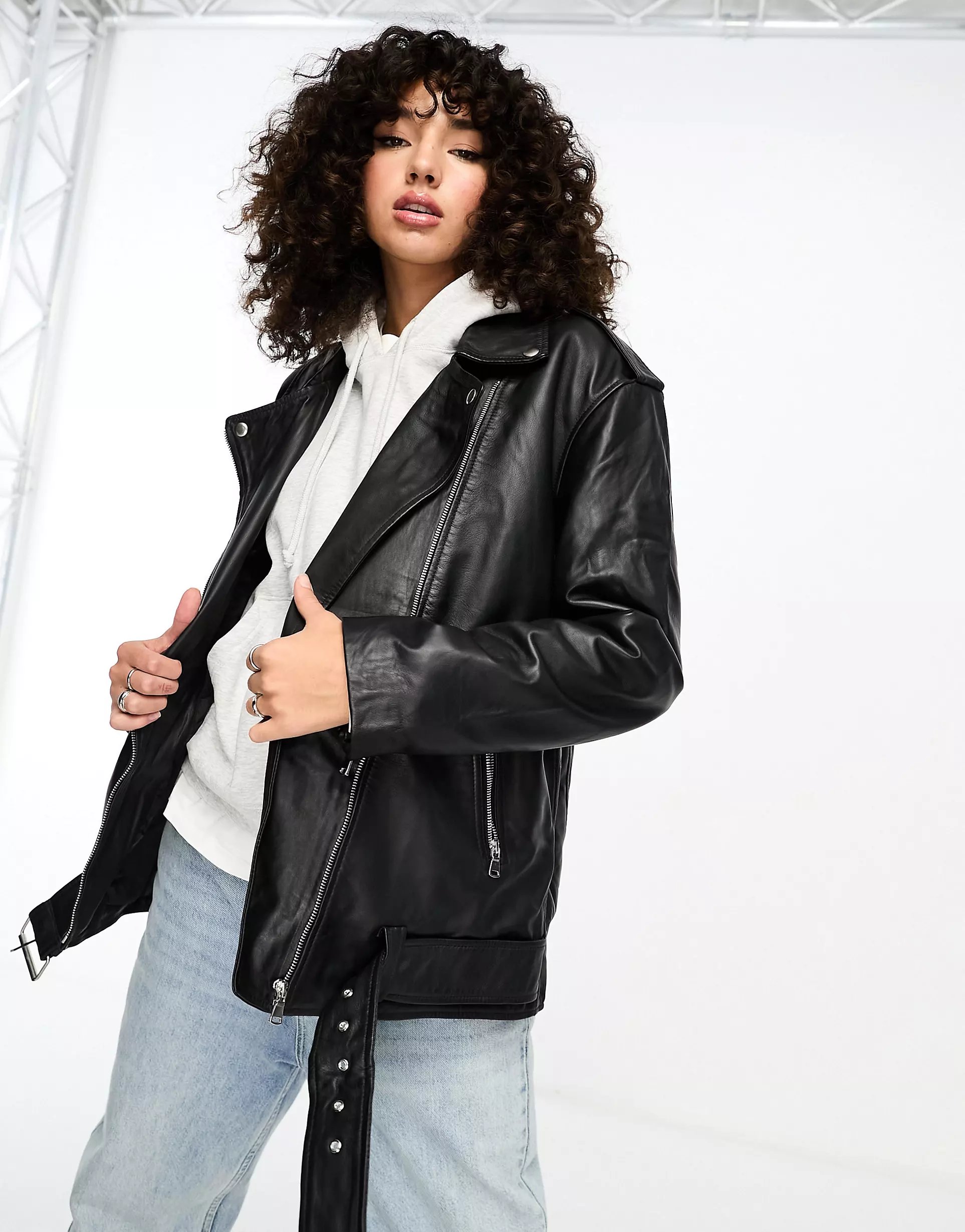 Куртка Asos Design Tall Oversized Premium Real Leather Biker, черный