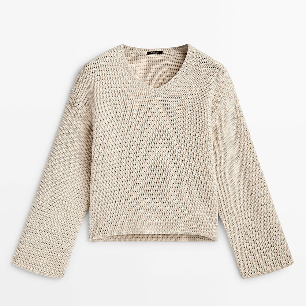 

Свитер из кружева кроше с V-образным вырезом Massimo Dutti, кремовый