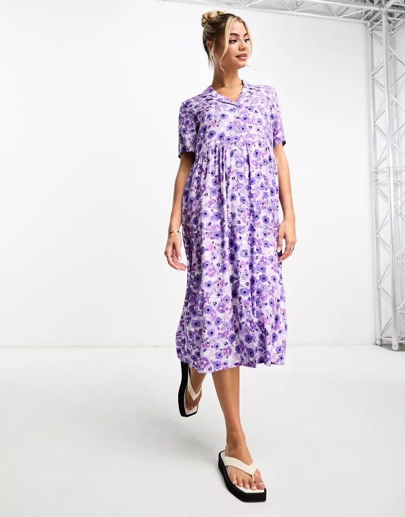 Сиреневое платье-рубашка миди Monki с цветочным принтом re pa накладка transparent для vivo v15 с принтом сиреневое поле