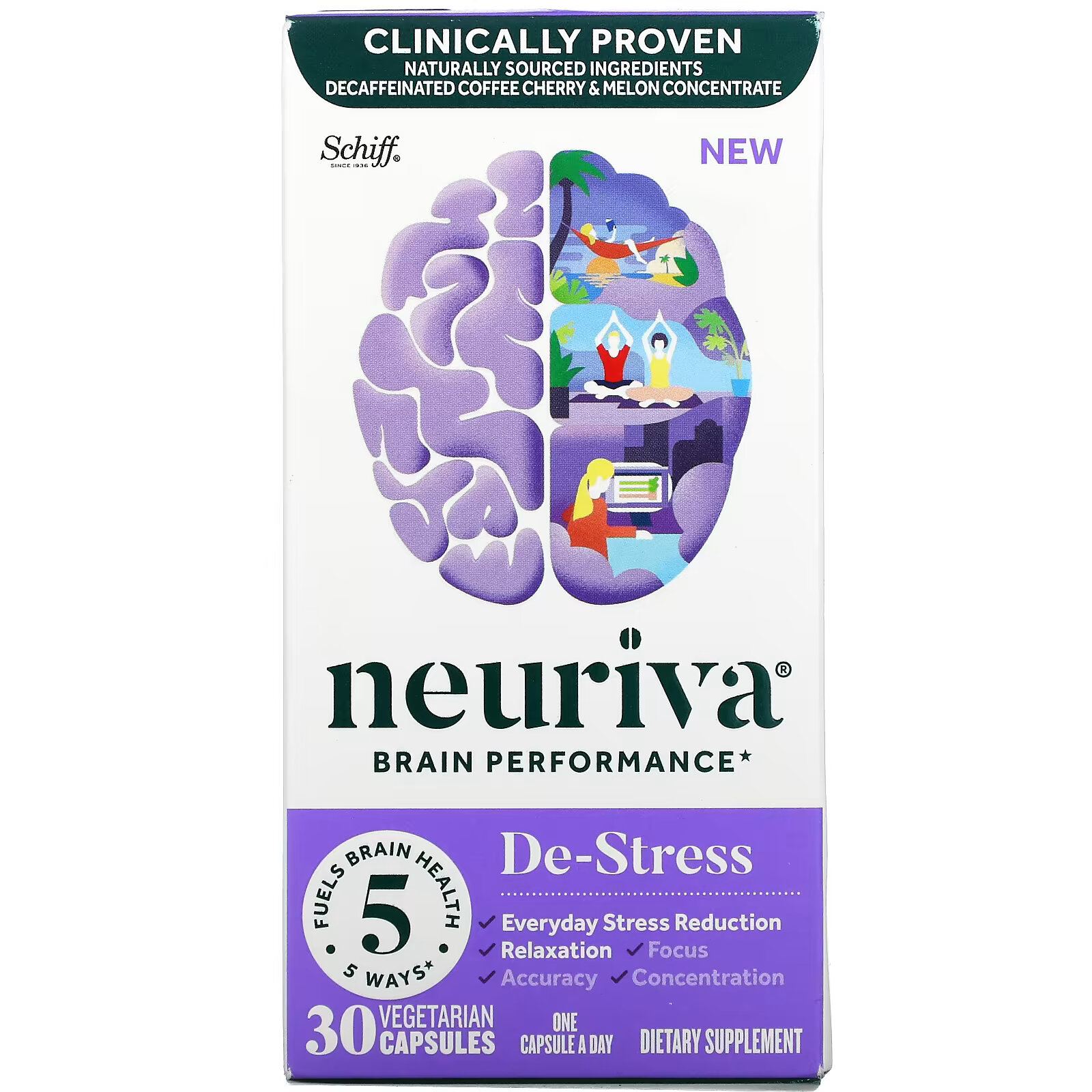 Schiff, Neuriva Brain Performance, De-Stress, 30 вегетарианских капсул schiff neuriva brain health ultra 60 капсул