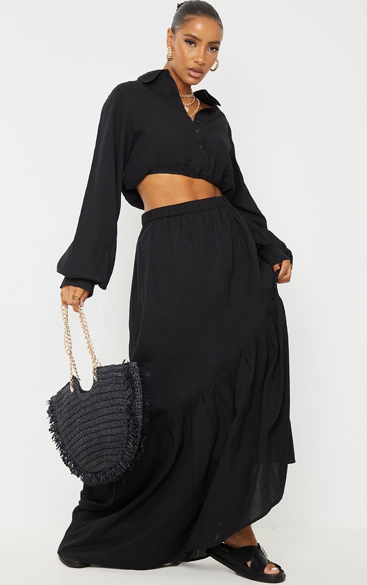 

PrettyLittleThing Черная льняная длинная юбка