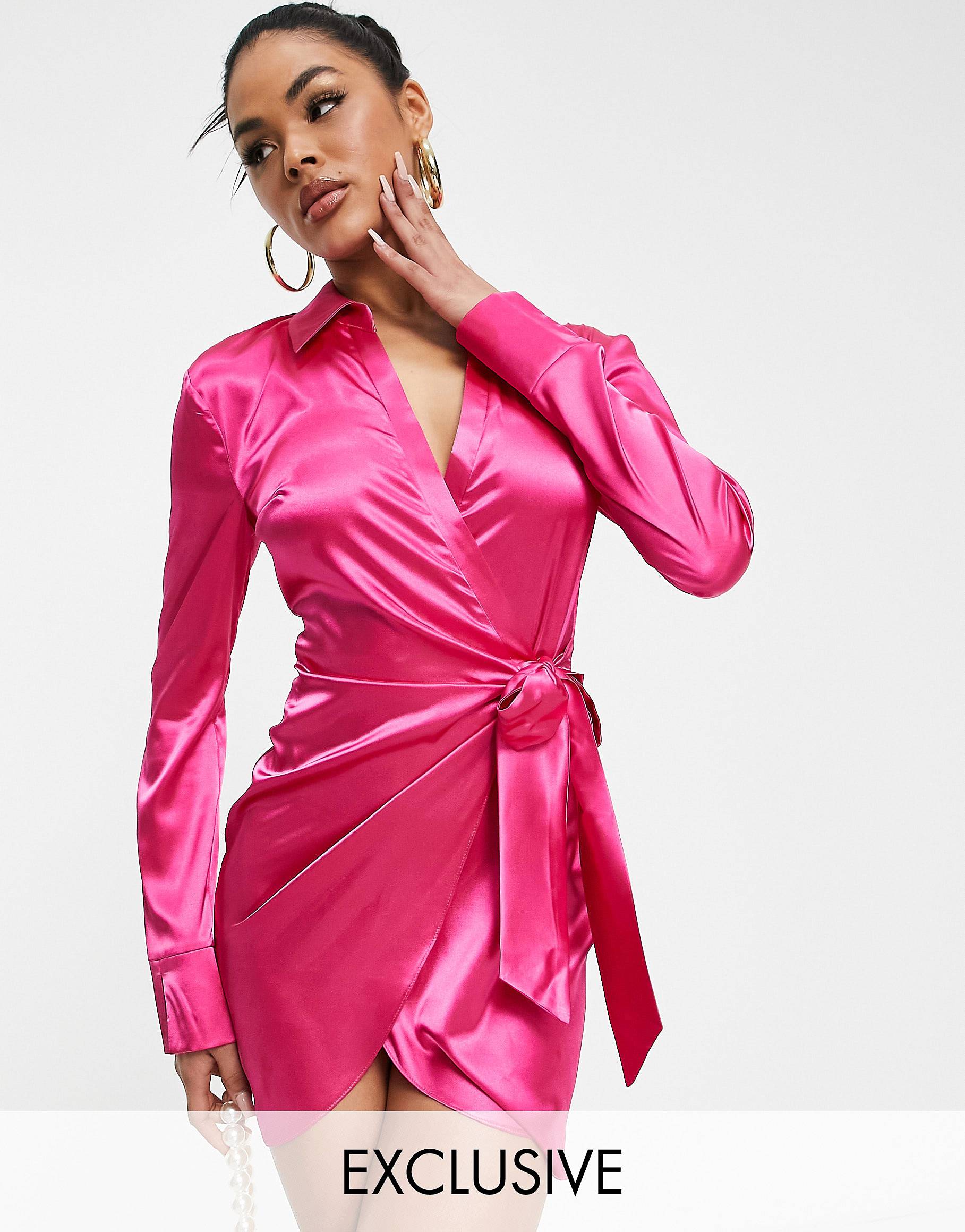 цена Розовое атласное платье мини-рубашка с запахом ASYOU