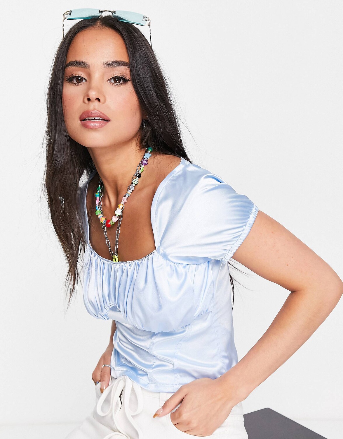 

Ледяно-синий топ с короткими рукавами и корсетом в стиле 90-х ASOS DESIGN