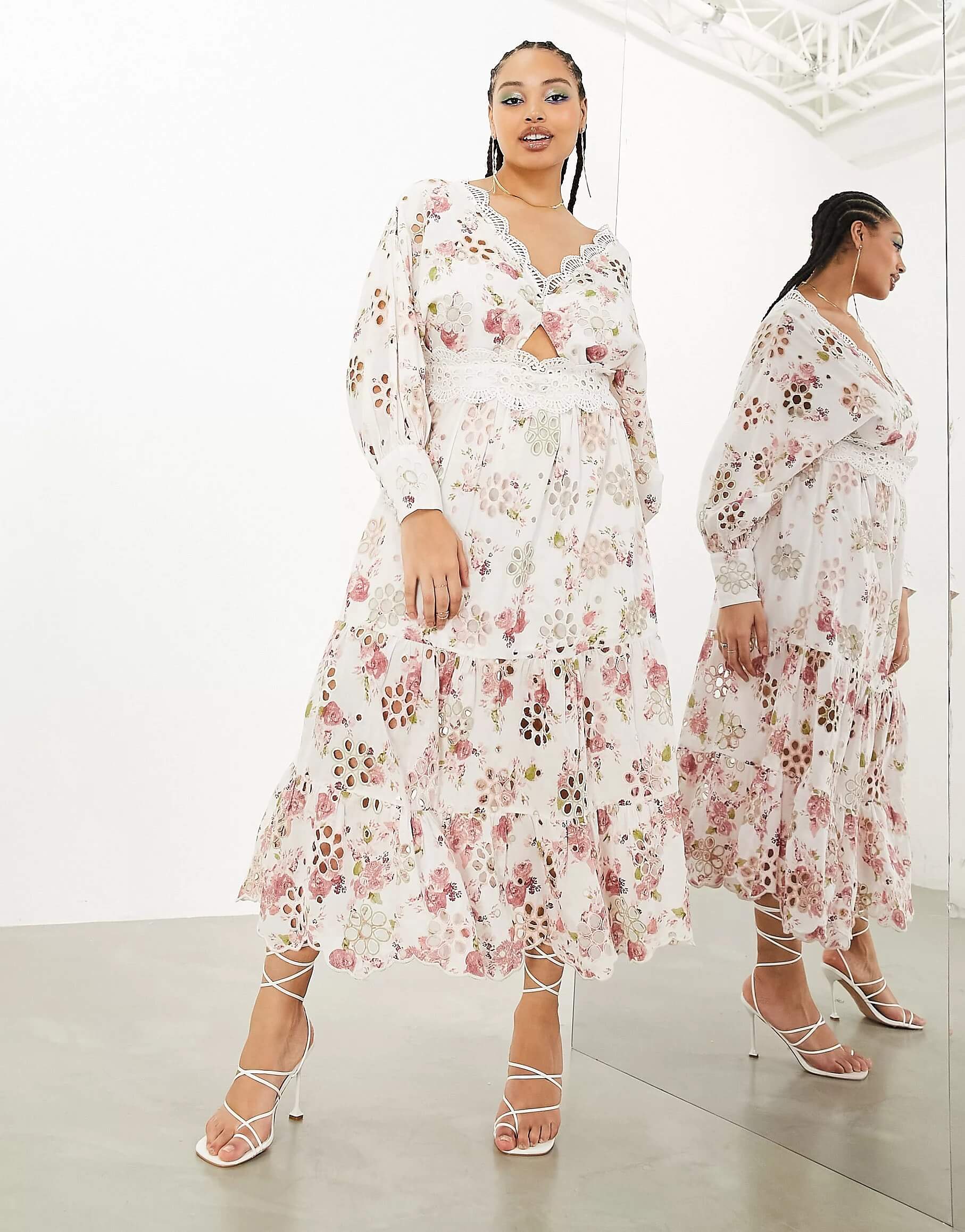 цена Платье-миди Asos Edition Puffy Sleeves English Floral Embroidery, мультиколор