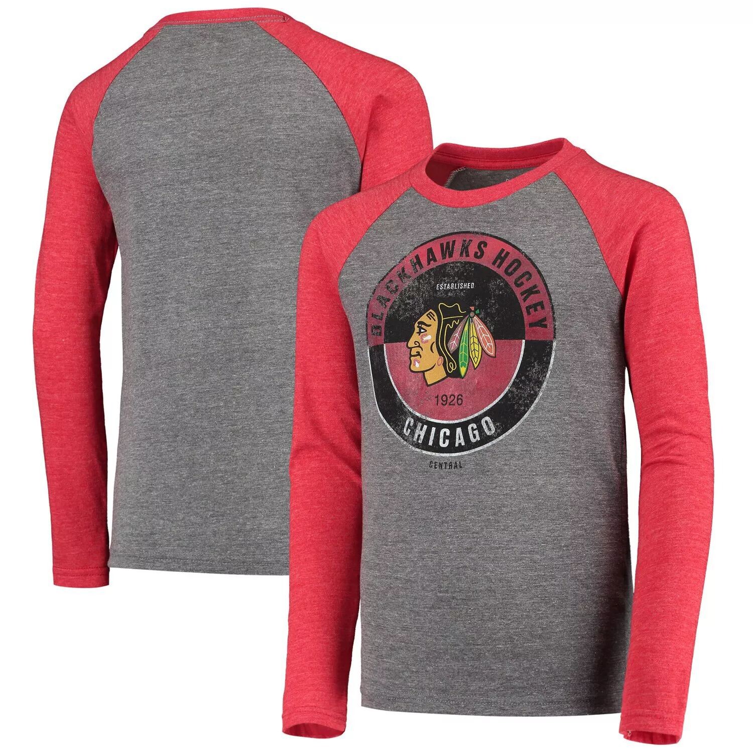 

Молодежная красная футболка Chicago Blackhawks Rink Splitter Tri-Blend реглан с длинными рукавами Outerstuff