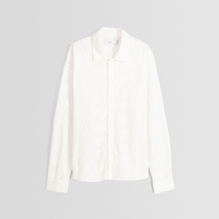 

Рубашка Bershka Long Sleeve Boxy Fit Lace, бежевый