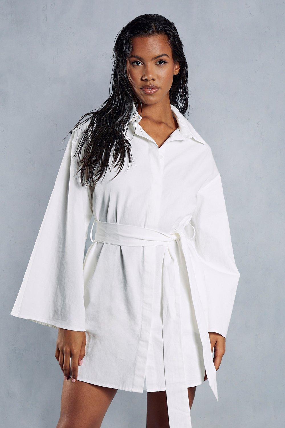 цена Платье-рубашка из поплина Extreme с рукавами-кимоно и поясом MISSPAP, белый