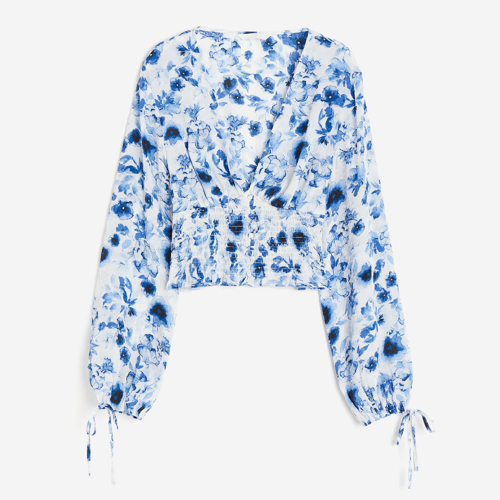 Блузка H&M Short V-neck, белый/синий