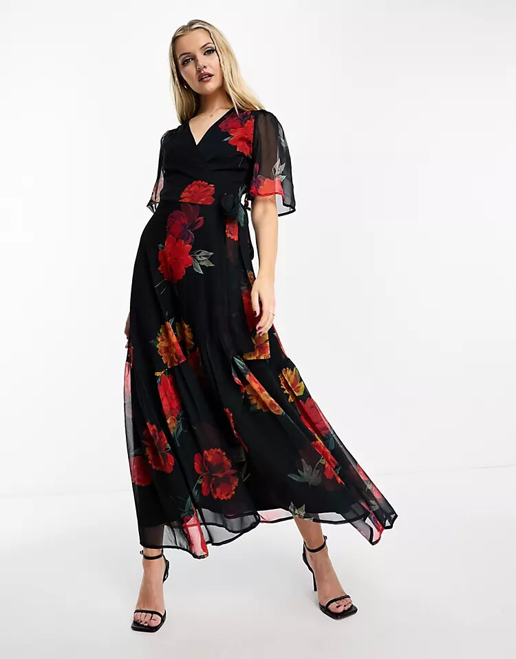 

Платье Hope & Ivy ruffle wrap in floral, черный/красный