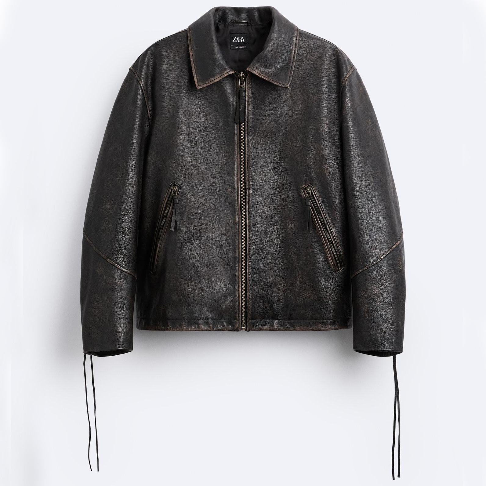 Куртка Zara Vintage-effect Leather, черный цена и фото