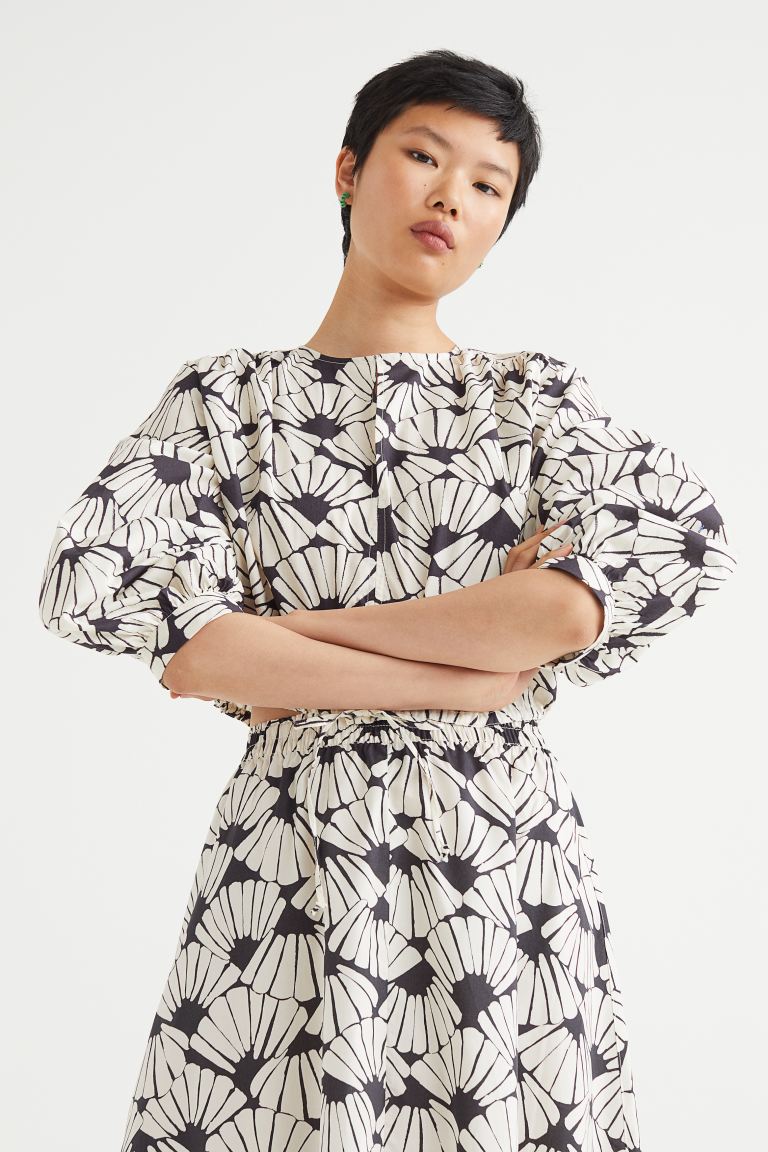Укороченная хлопковая блузка H&M, натуральный белый/темно-серый