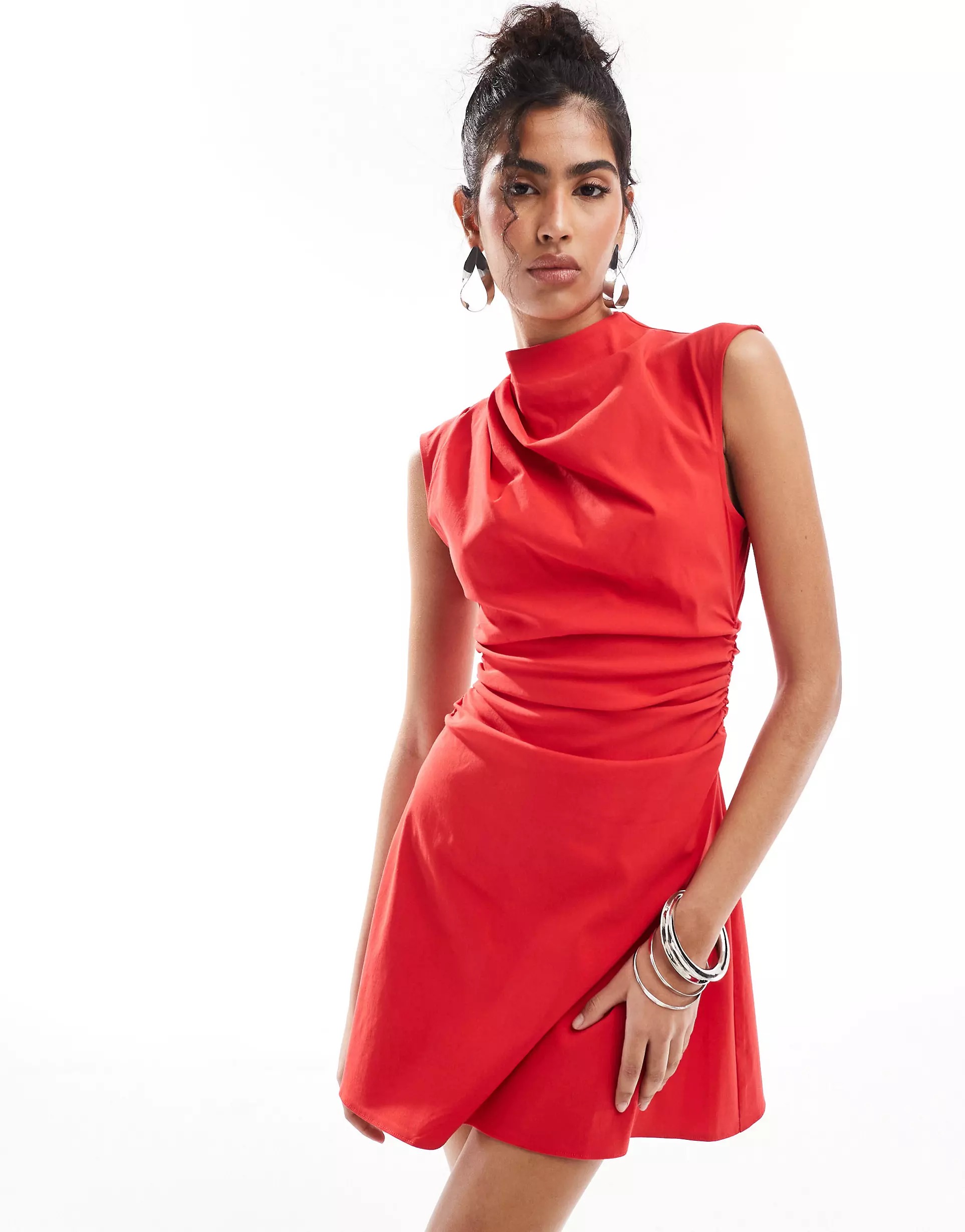 Платье мини Asos Design Bengaline High Neck Sleeveless With Ruching Detail, красный