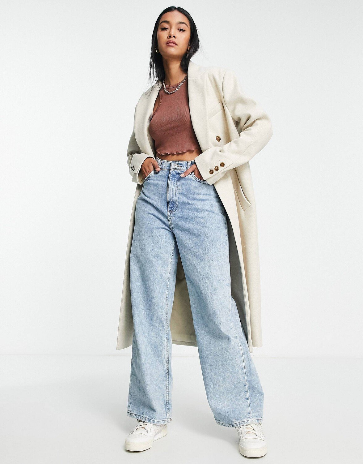 

Овсяное длинное двубортное пальто Topshop, Серый