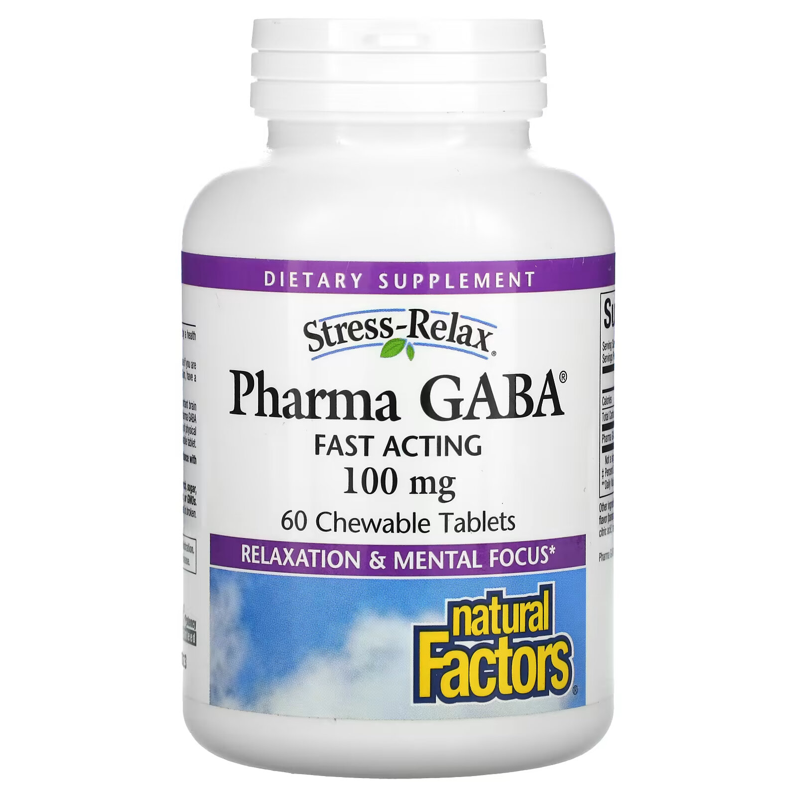 Natural Factors, Stress-Relax, Pharma GABA, 100 мг, 60 жевательных таблеток natural factors stress relax suntheanine l теанин 100 мг 60 жевательных таблеток