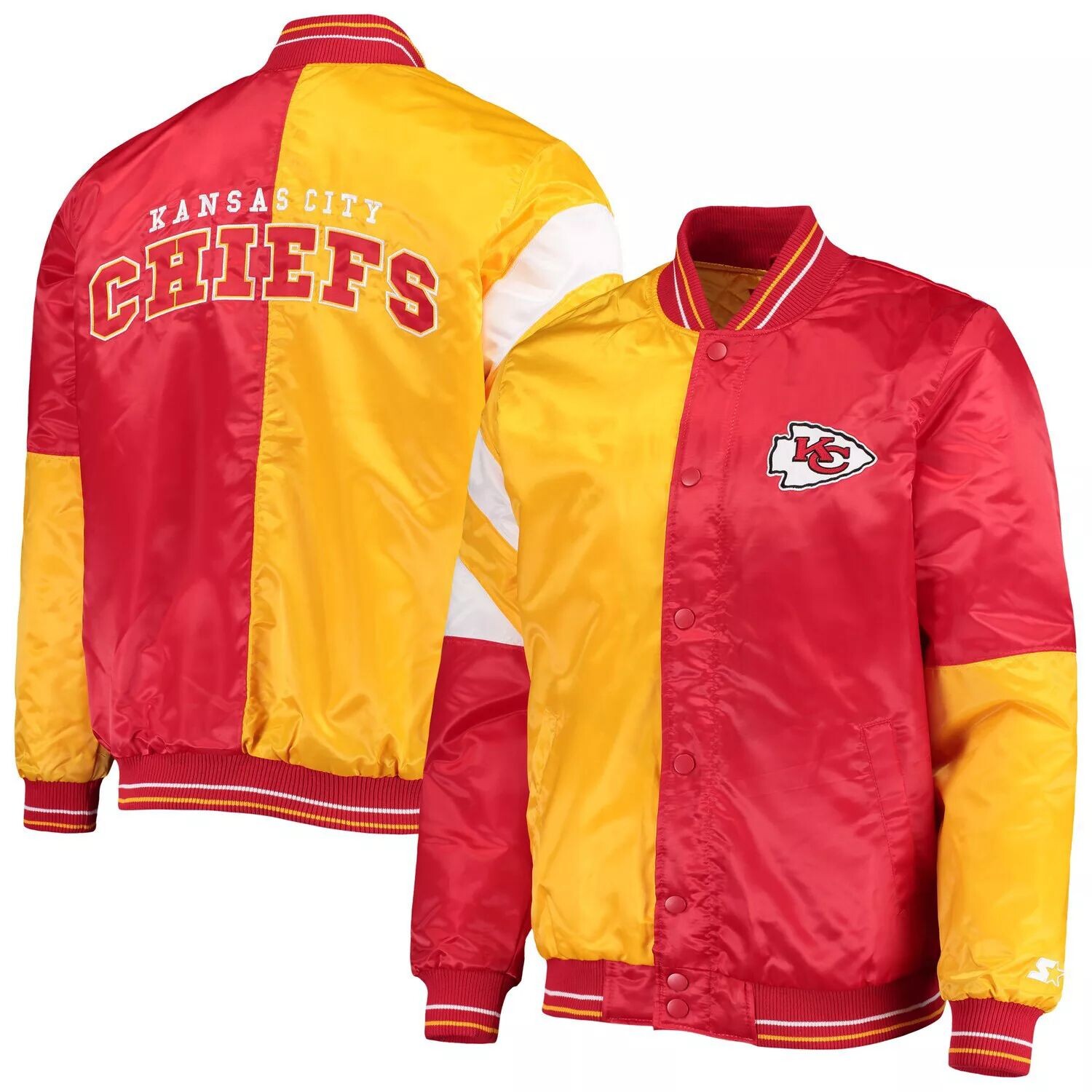 

Мужская красно-желтая атласная куртка с длинными кнопками Kansas City Chiefs Leader Varsity Starter, Красный