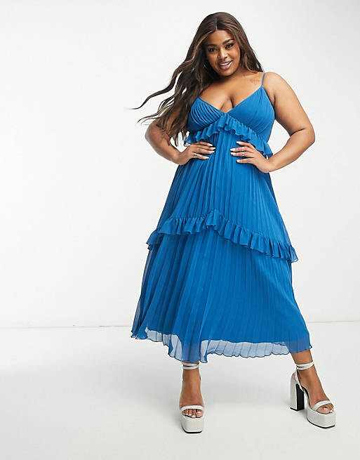 

Синее плиссированное платье миди с бретелями и оборками ASOS DESIGN Curve