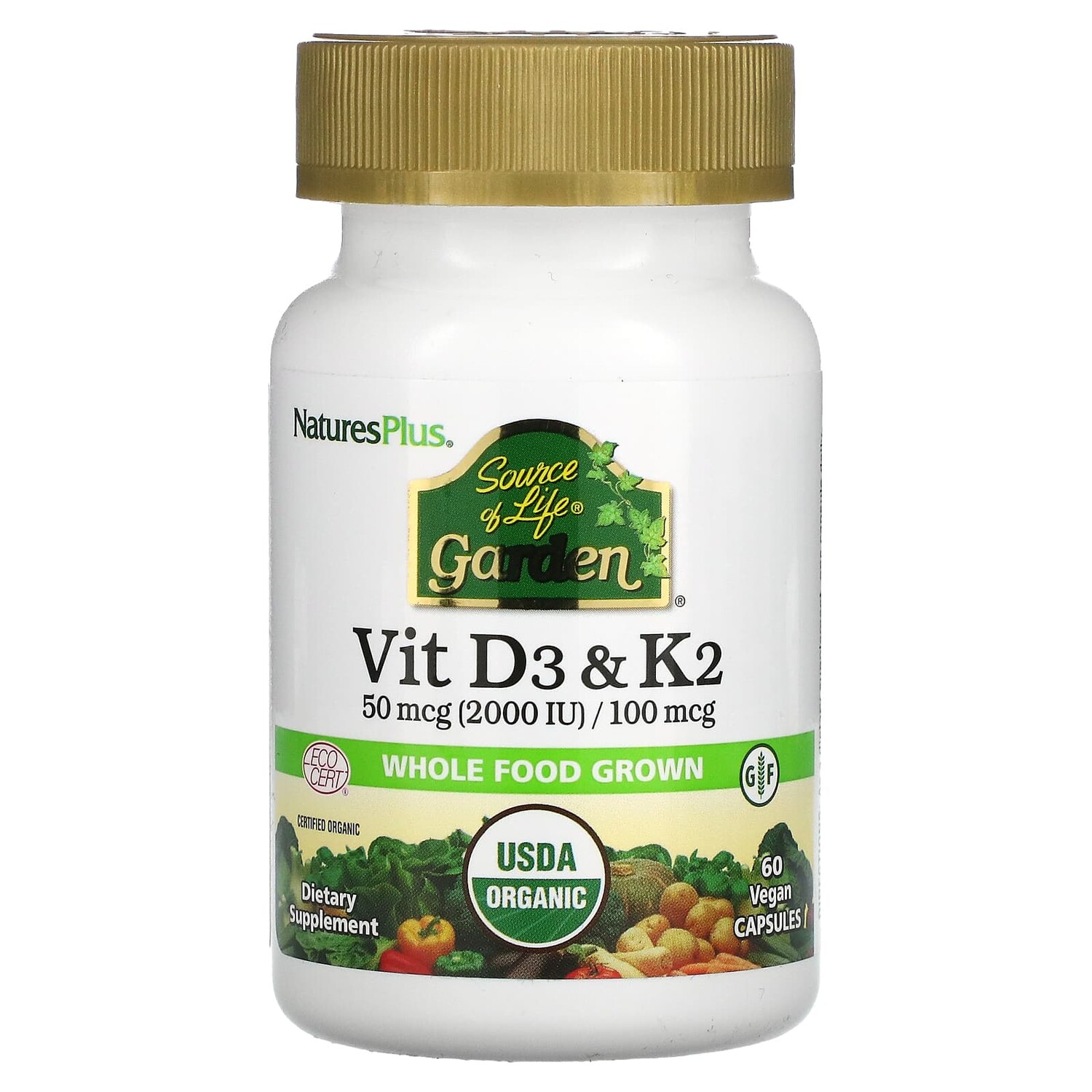 

Source of Life Garden, витамины D3 и K2, 60 веганских капсул, NaturesPlus